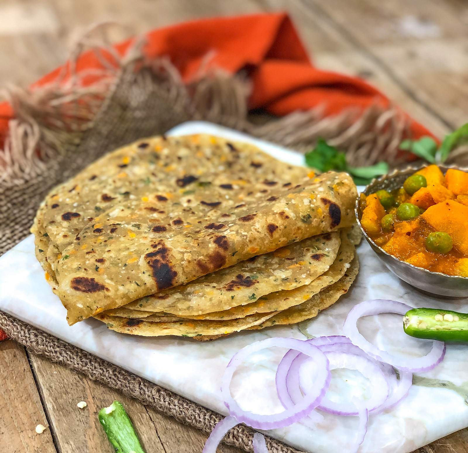Vegetable thepla with curd and salad