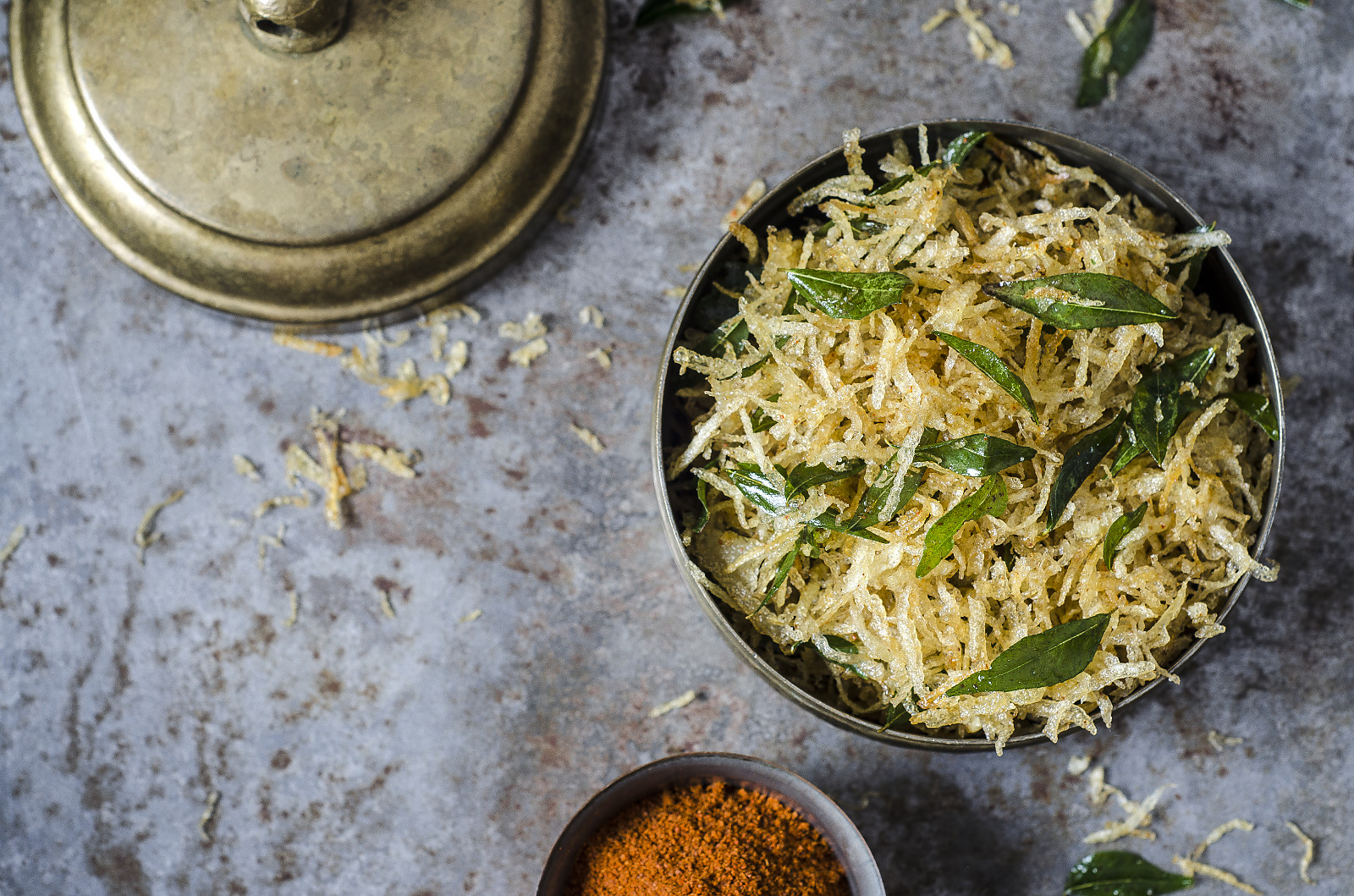 Rice with macher jhol and jhuri aloo bhaja