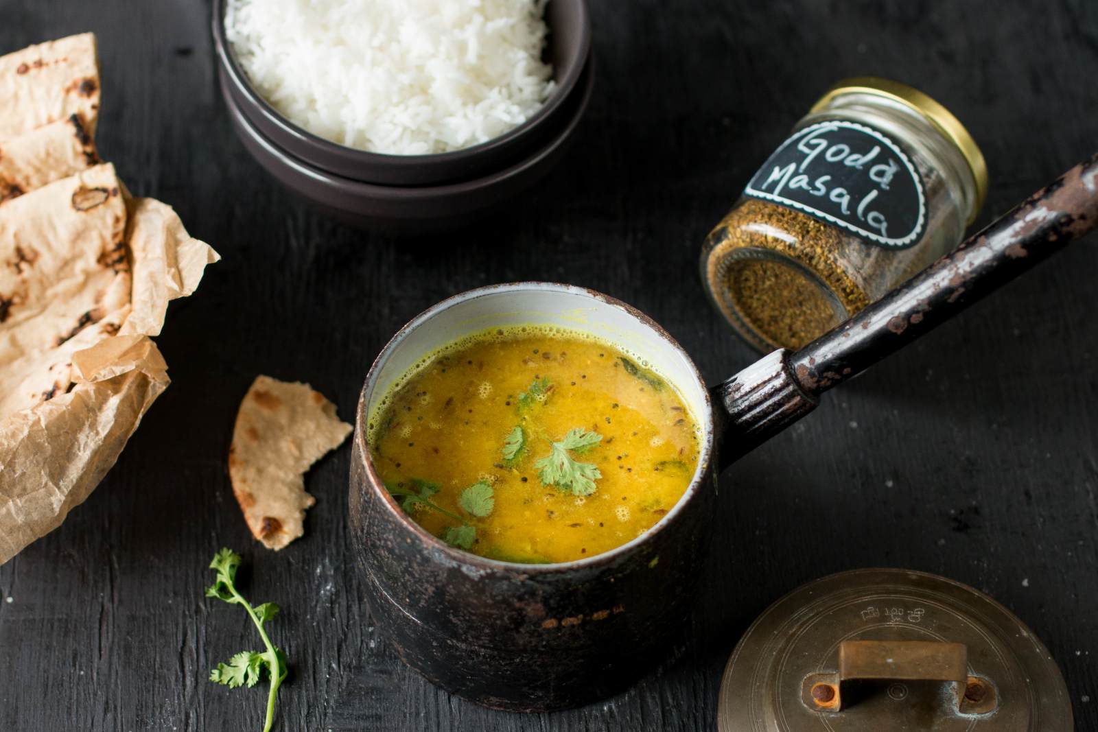 Amti with rice and cabbage bhaji