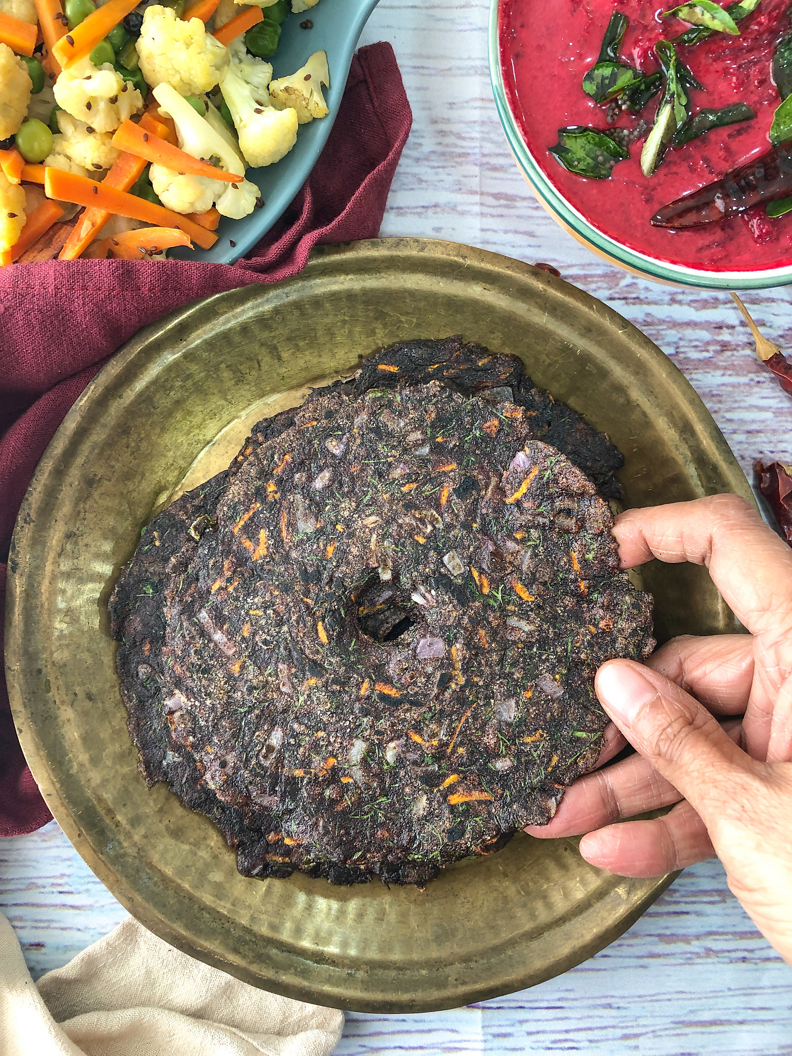 Ragi roti with baingan bharta and dal