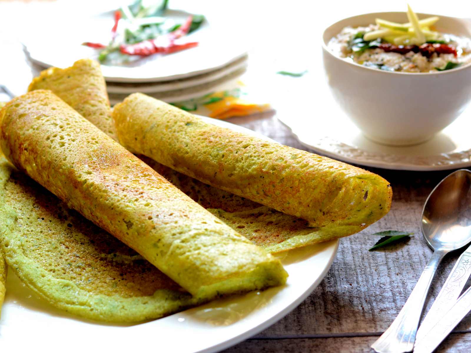 Sprouts dosa with peanut chutney
